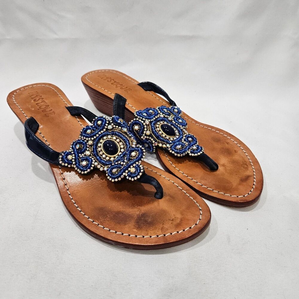 Mystique Womens Leather Embellished Sandal Size 9 Blue Slip On Sequin Whimsical
